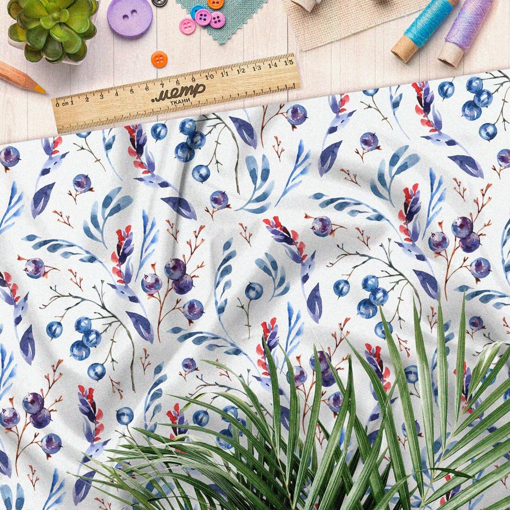 Ткань ниагара листья с голубикой