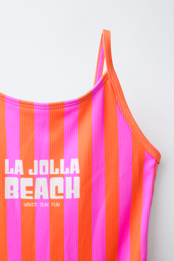 ZARA КУПАЛЬНИК В ПОЛОСКУ С НАДПИСЬЮ «LA JOLLA BEACH», НЕОНОВО-ОРАНЖЕВЫЙ