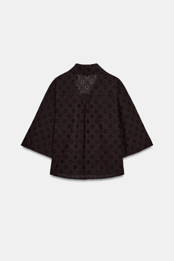 ZARA РУБАШКА С АЖУРНОЙ ВЫШИВКОЙ, КОРИЧНЕВЫЙ