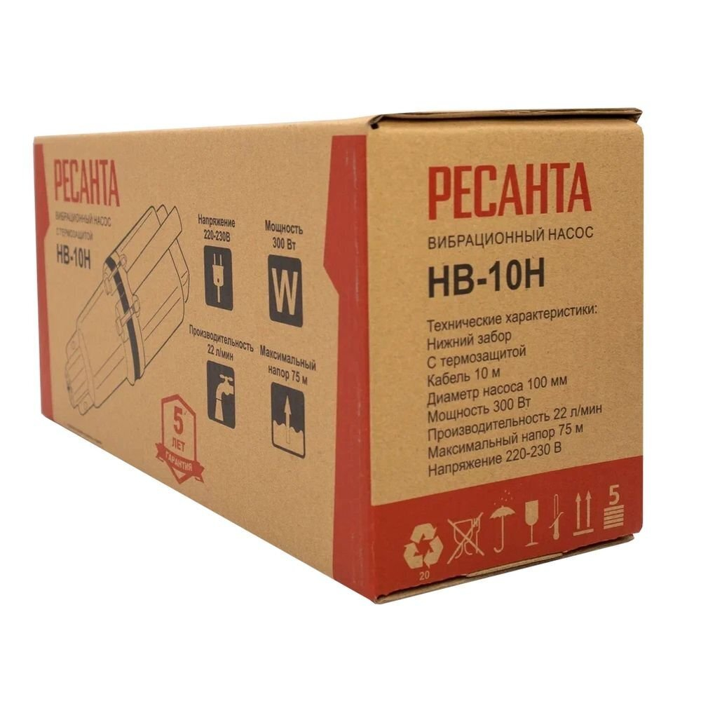 Насос вибрацион, Ресанта, ниж забор, 10 м, 300 Вт, погруж3 м, напор75 м, 1.32 м³/ч, НВ-10Н