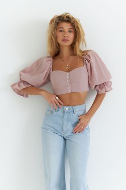 Блуза с рукавами фонариками из жатого хлопка пудрового цвета