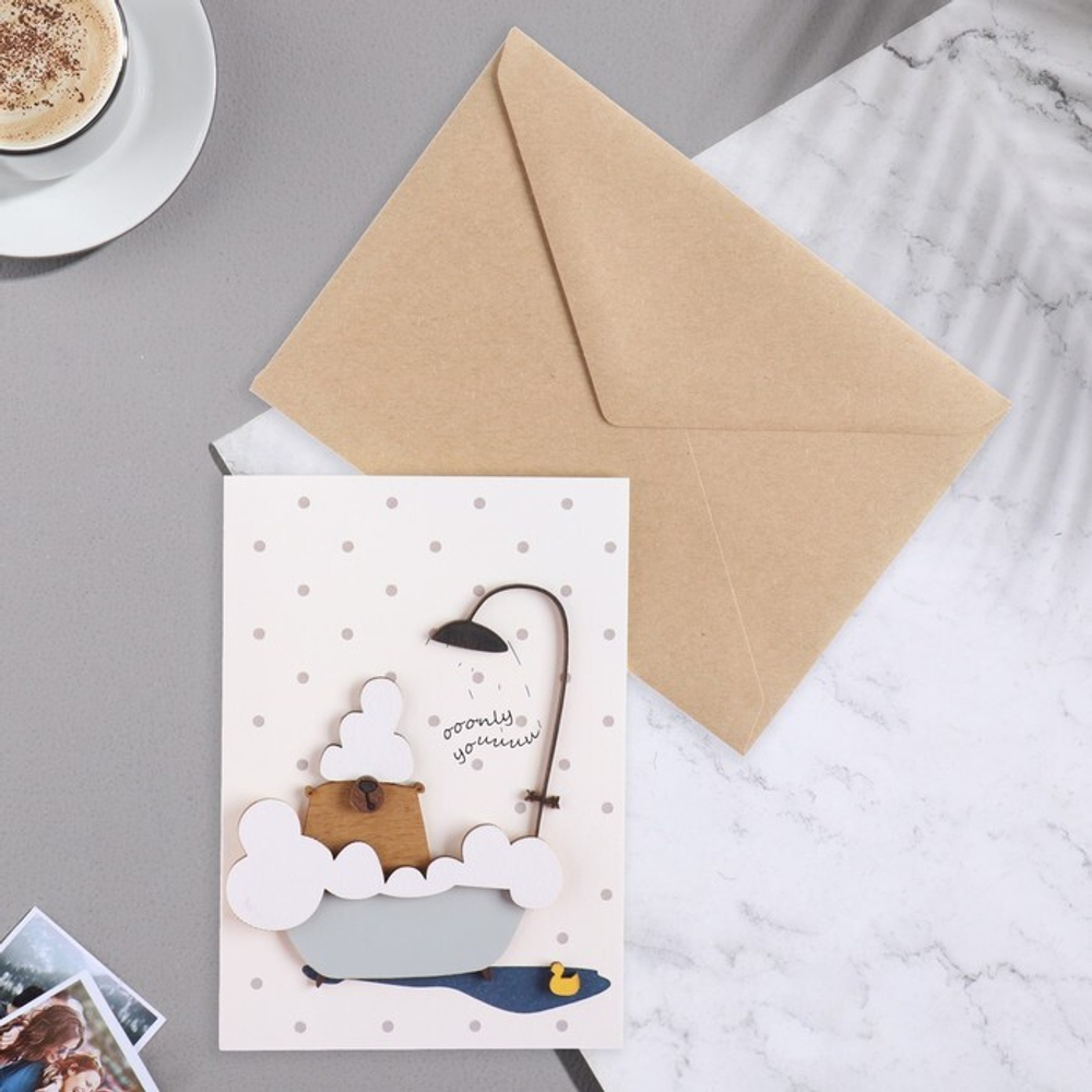 Открытка с деревянным элементом "Универсальная" ручная работа, душ, 14,7х10,5 см