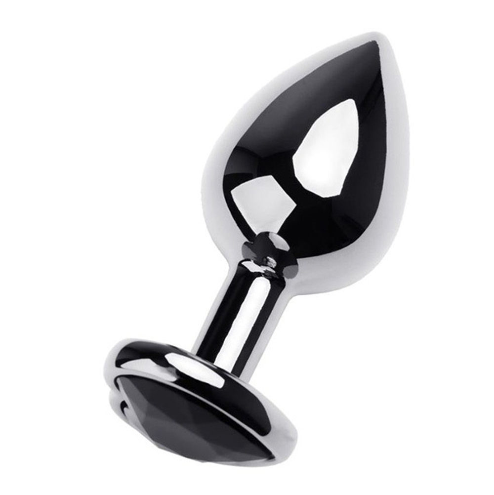 Серебристая анальная втулка 9,5см с чёрным стразом-сердцем ToyFa Metal 717015-5