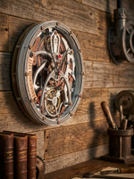 Настенные часы WOODandROOT Automaton 1277 Tourbillon с декоративным турбийоном на фоне деревянной стены мастерской с книгами и инструментами.