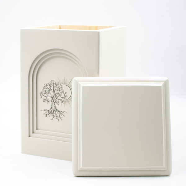 Урна для праха из березы «Арка» молочная с гравировкой Дерево