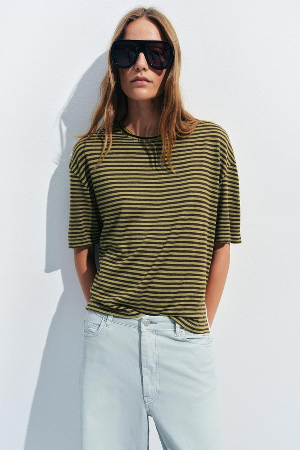ZARA ФУТБОЛКА В ПОЛОСКУ В СТИЛЕ РУСТИК, КОРИЧНЕВЫЙ/ЗЕЛЕНЫЙ