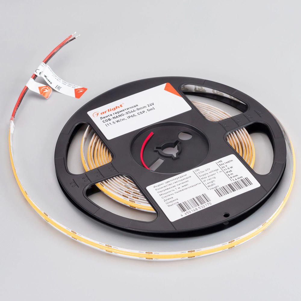 Светодиодная лента герметичная COB-NANO-X544-8mm 24V Warm3000 (11.5 W/m, IP65, CSP, 5m) (Arlight, -) 031904(2)