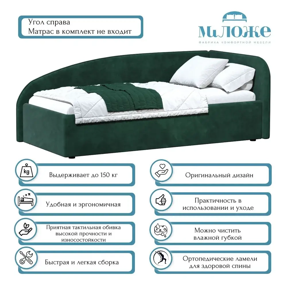 Кровать Элис 90х200 Мятный Зеленый Правый Угол