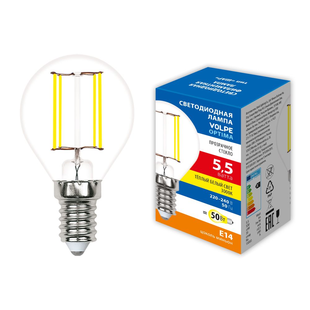 LED-G45-5.5W-3000K-E14-CL-SLF Лампа светодиодная. Форма шар. прозрачная. Теплый белый свет 3000K. ТМ Volpe