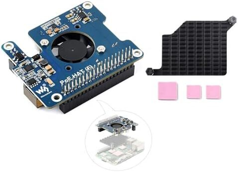 Модуль расширения Waveshare Power Over Ethernet HAT (F) для Raspberry Pi 5 с кулером 802.3af/at 5V/4.5A 12V/2A