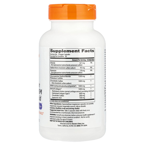 Doctor's Best, глюкозамин, хондроитин, МСМ и гиалуроновая кислота с OptiMSM® и BioCell Collagen®, 150 растительных капсул