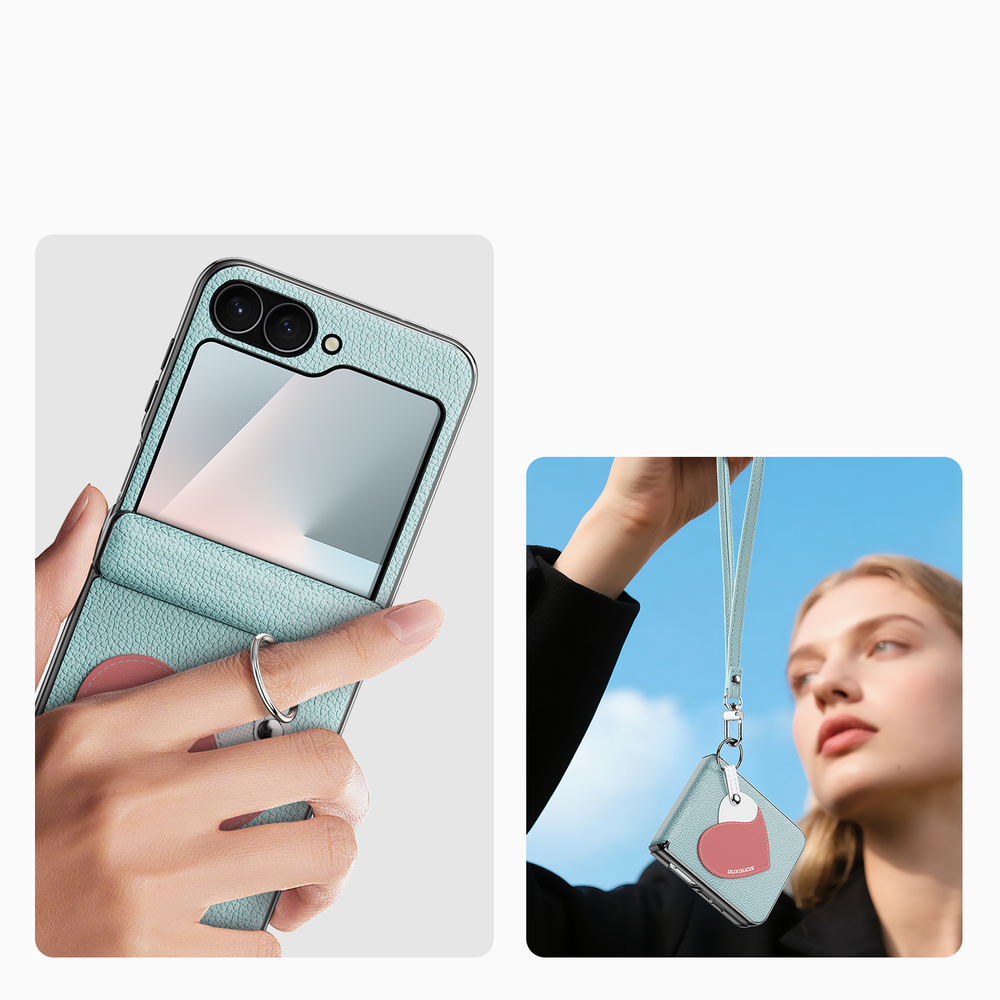 Чехол синего цвета (Love Edition - Cyan Blue) из искусственной кожи от Dux Ducis для Samsung Flip 7 FE (W25 Flip) и Flip 6, серия Luvy Series Case