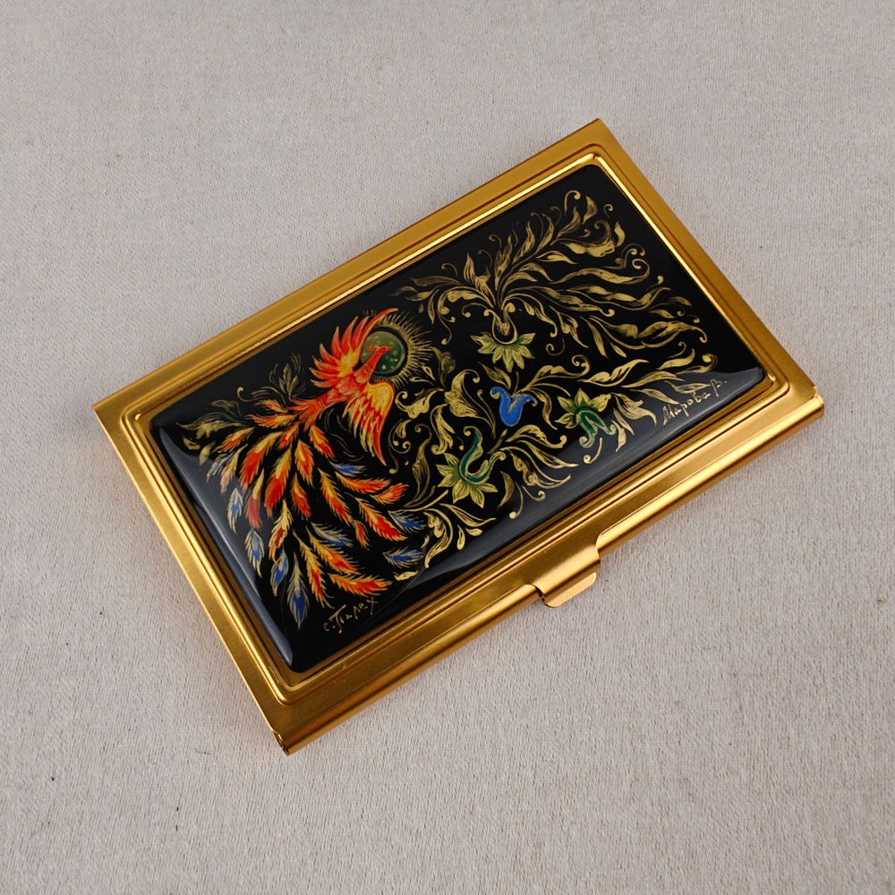 Визитница "Жар-птица" №1 (роспись Палех) зол.