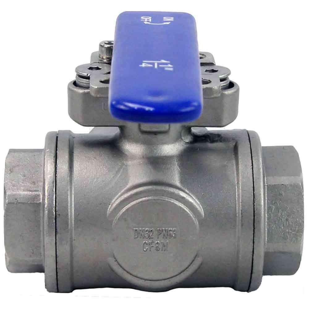 Válvula de bola de 3 vías de acero inoxidable Conexión estándar roscada NPT/BSP tipo T Elephant RP.SS316.200.MM 986 psi con base de montaje ISO 5211 y maneta