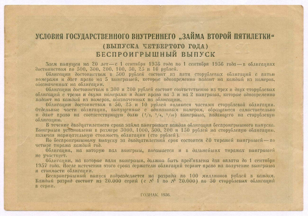 Облигация 10 рублей 1936 год. Заем 2-ой пятилетки (с подписями наркомов). Серия № 11793. VF