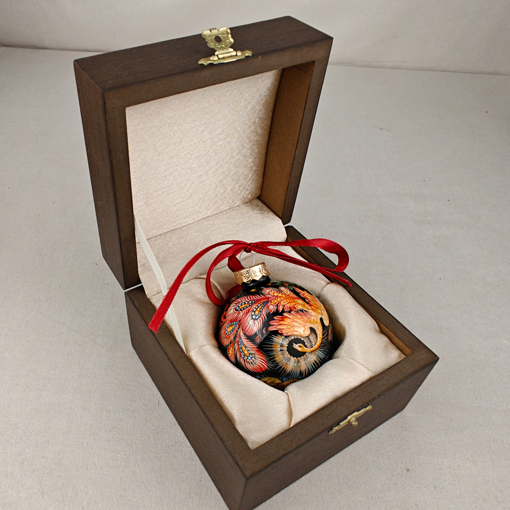 Шар новогодний с ручной росписью Палех "Жар-птица" в футляре