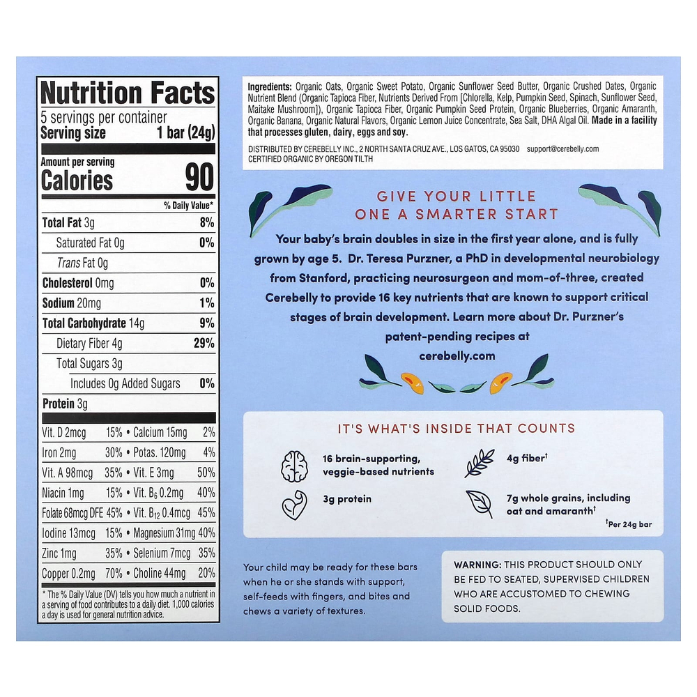 Cerebelly, Smart Bars, органические батончики для малышей, батат, черника и банан, 5 батончиков по 24 г (0,84 унции)
