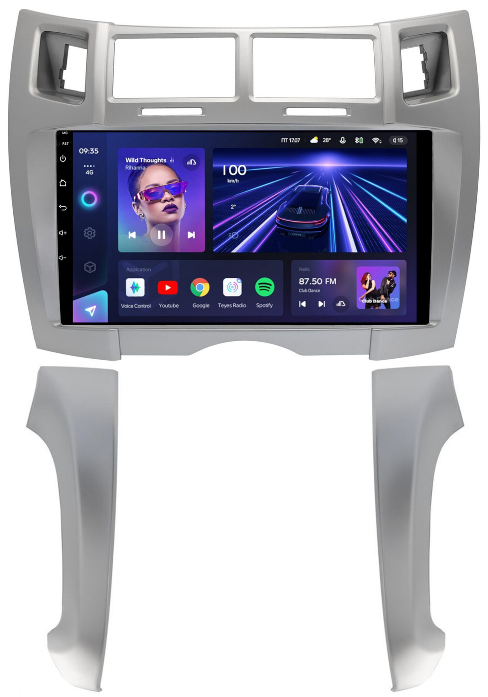 Магнитола для Toyota Vitz 2, Yaris 2 2005-2011 (рамка серебро тип 2) - Teyes CC3 на Android 10, QLED, ТОП процессор, 4Гб+32Гб, CarPlay, 4G SIM-слот