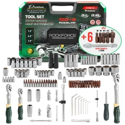 Набор инструмента 150+6пр.1/4''3/8''1/2''(6-гр.)(4-36мм, 3/8'':10-19мм 12гр., 1/2'':27,30,32,36-12гр.)+(биты 5/16'':М6,8,10,12,14, гибкий удлинитель 1 RockForce##Rock FORCE RF-41501-5 PREMIUM
