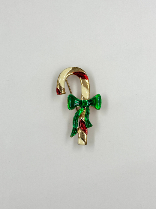 Брошь Карамельная трость с зелёным бантом
