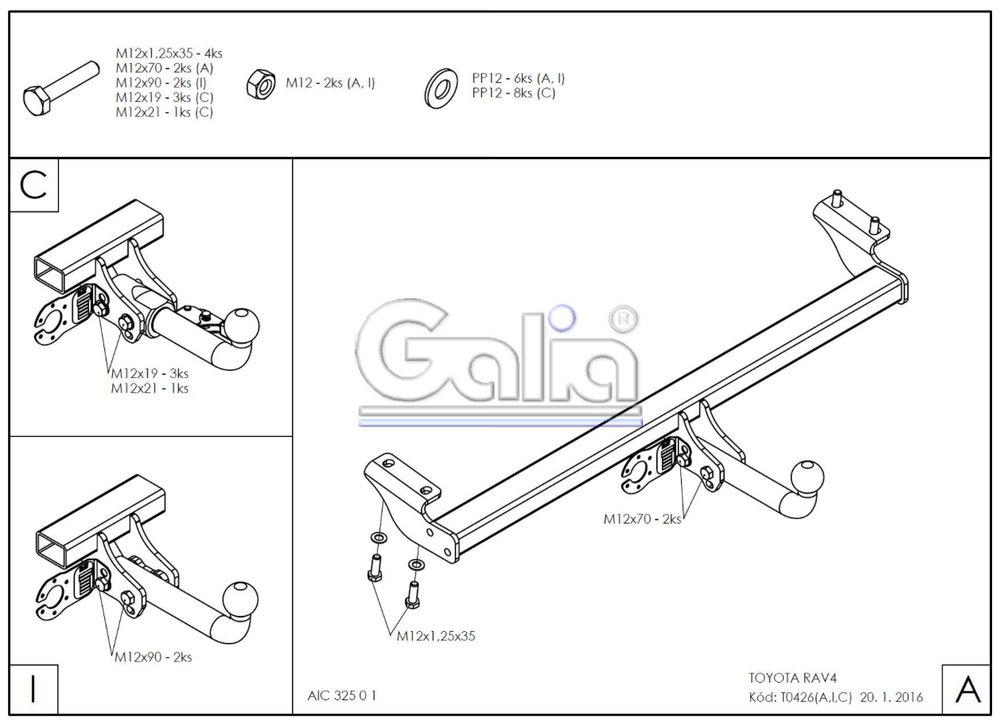 Фаркоп оцинкованный Galia T042A для Toyota Rav 4 2000-2006(паспорт и сертификат в комплекте)(без электрики)