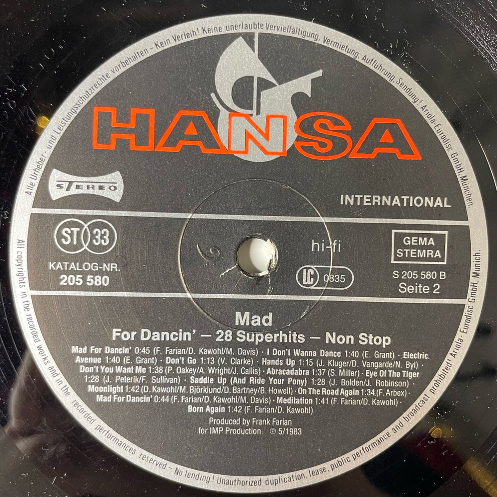 Винтажная виниловая пластинка LP Сборник Mad For Dancin 28 Superhits Nonstop (Germany 1983)