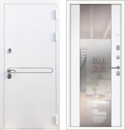 Входная дверь белая с зеркалом Рекс Лайн Вайт (Line White) белая шагрень / зеркало СБ-16 Силк сноу (белый матовый, без текстуры)