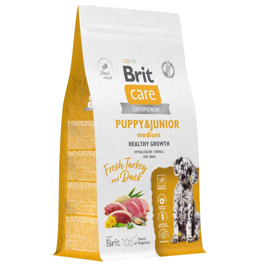 Сухой Корм Brit Care Dog Puppy&amp;Junior M Healthy Growth для щенков и молодых собак средних пород с индейкой и уткой 12 кг