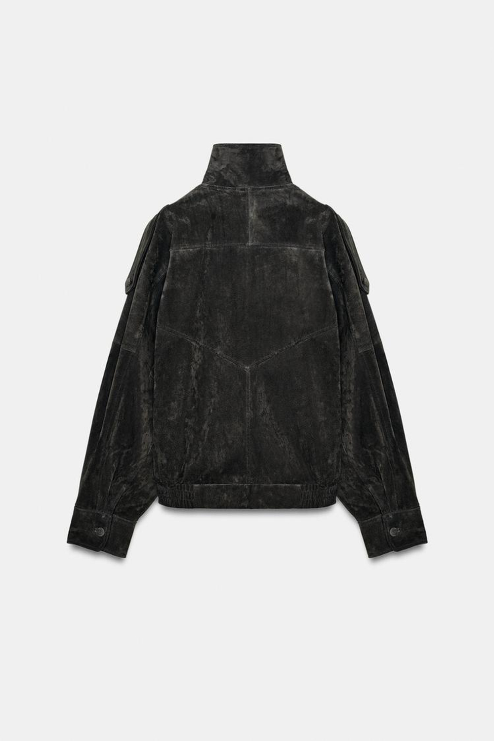 ZARA КУРТКА-БАЙКЕР ИЗ 100% ЗАМШИ С ОБТЯНУТЫМИ ПУГОВИЦАМИ, УГОЛЬНЫЙ