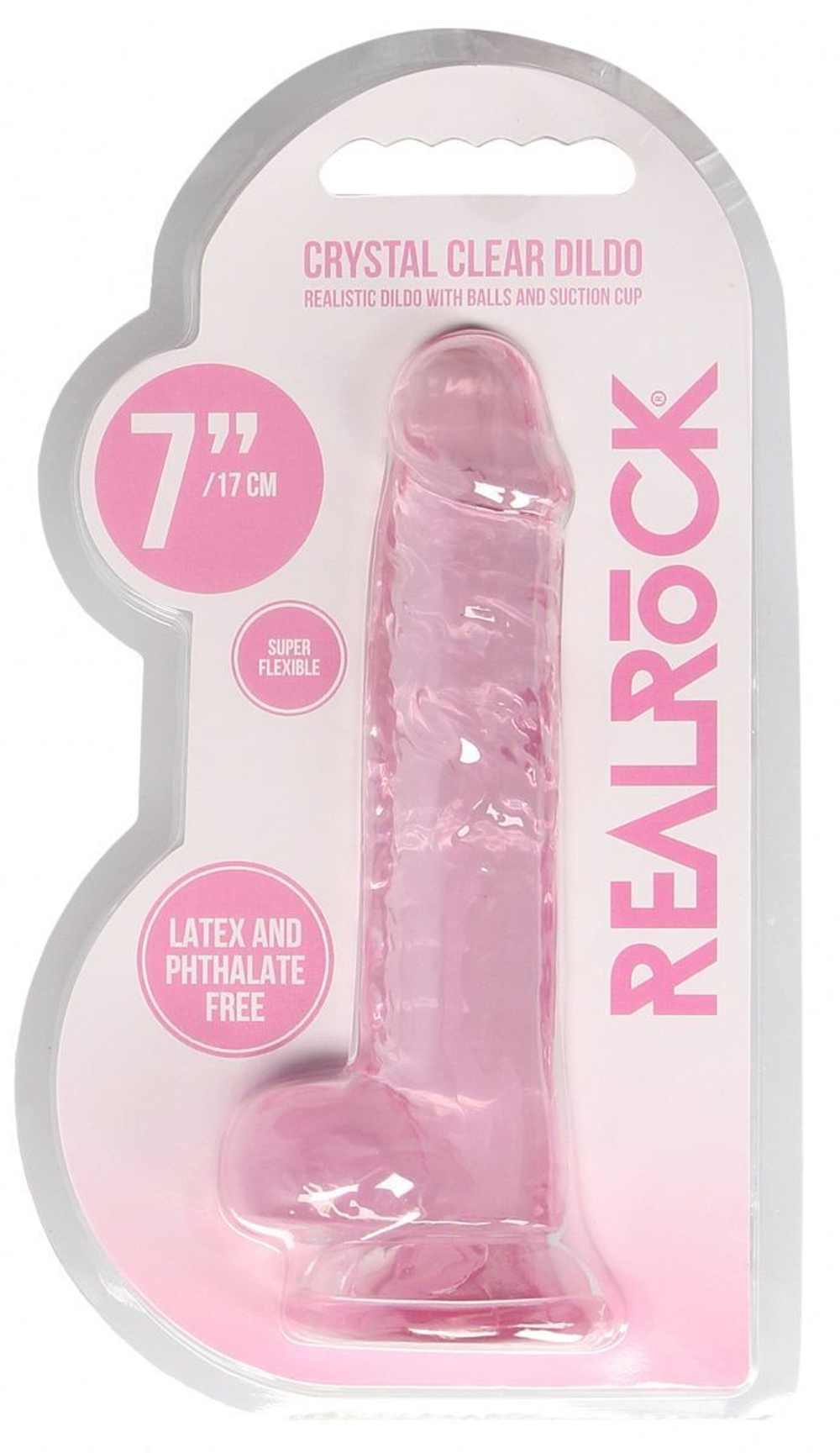 Розовый фаллоимитатор Realrock Crystal Clear 7 inch - 19 см. (Цвет: розовый)