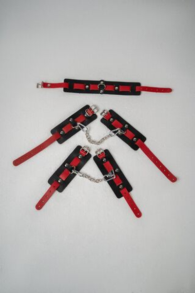 Черно-красный набор фиксаций: наручники, оковы и ошейник (Цвет: черный с красным)
