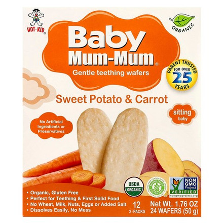Hot Kid, Baby Mum-Mum®, печенье для прорезывания зубов, батат и морковь, 12 упаковок по 2 печенья