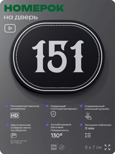 Номерок на дверь квартиры 151, для кабинета, офиса, шильдик 9 х 7 см, черный, Айдентика Технолоджи