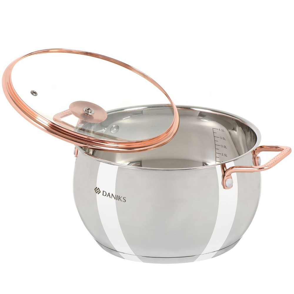 Кастрюля нерж, 4.5 л, крышка стекло, Daniks, Карлин, GS-01332G-22, индукц
