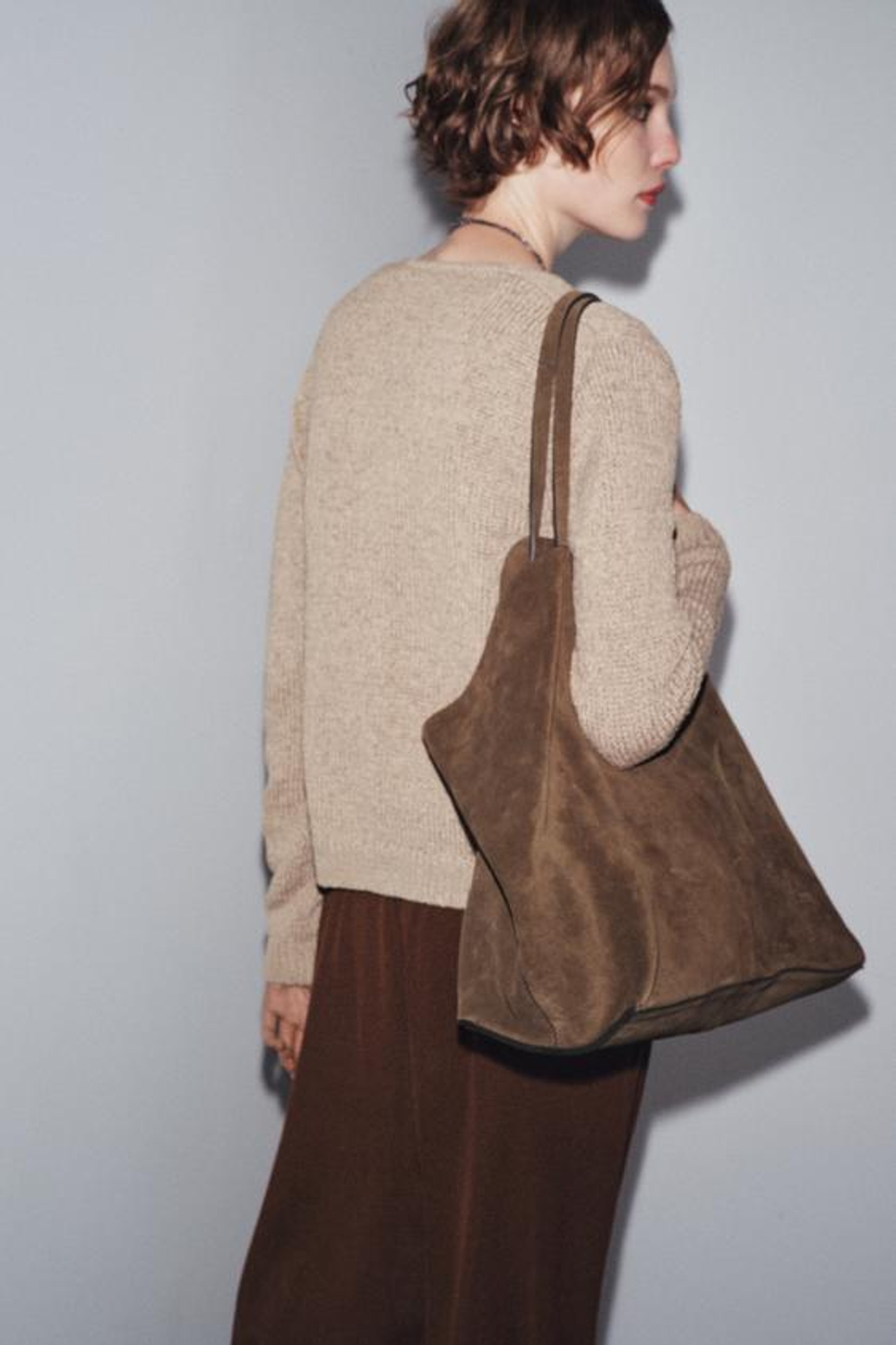 ZARA БОЛЬШАЯ ЗАМШЕВАЯ СУМКА-ШОПЕР, ЗЕЛЕНЫЙ ХАКИ