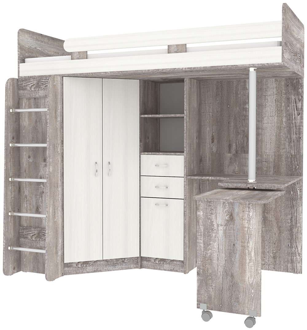 Кровать-чердак КарИВи Юниор 3 с металлической лестницей Бетон Белое Дерево