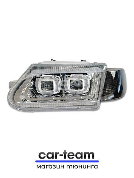 Фары ВАЗ 2113, 2114, 2115 передние с белыми галочками в стиле BMW ver 2.0 c Bi LED модулями, хром маска, тонированные поворотники