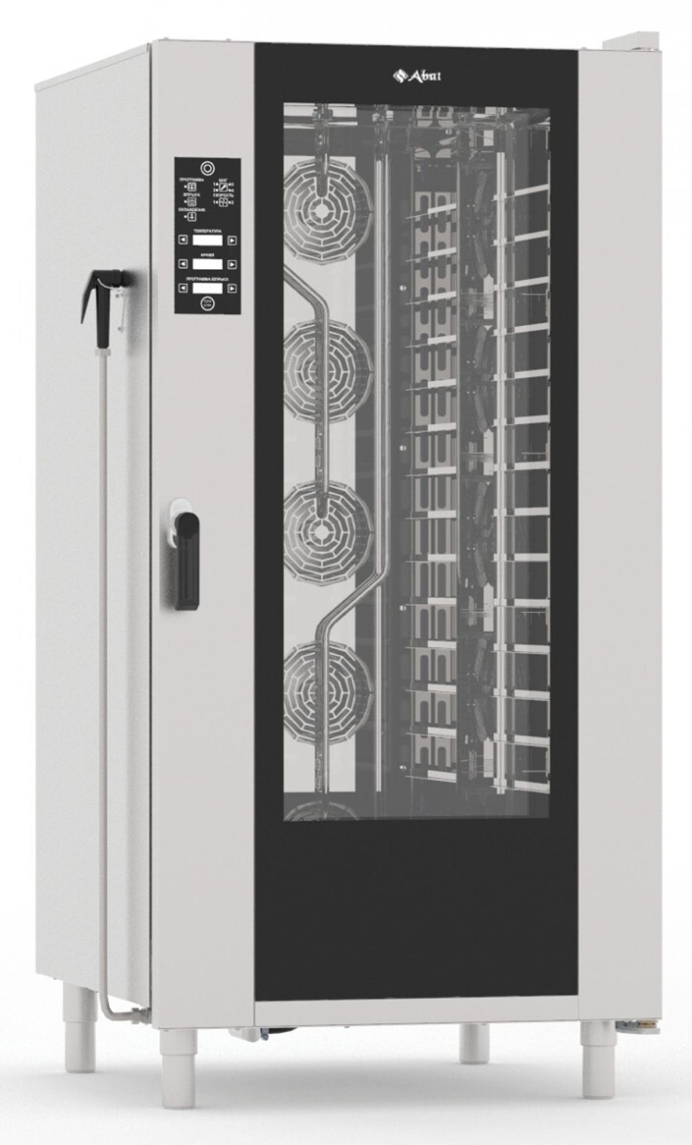 11000027030 Абат Конвекционная печь КЭП-16, стационарные направляющие на 16 уровней 400х600 мм, нерж. камера, пароувлажнение - инжекция, 2 скорости вращения вентиляторов, память на 110 программ, до 4-ех этапов в программе, ручной душ в комплекте, без противней, корпус нерж.
