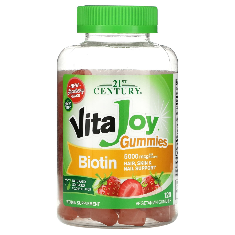 21st Century, VitaJoy жевательные мармеладки с биотином, со вкусом клубники, 120 вегетарианских жевательных мармеладок (2500 мкг в жевательной мармеладке)