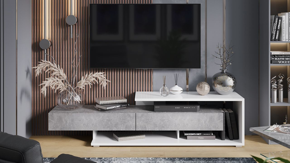 Тумба под телевизор напольная Белый/Ателье светлый глянец 177х39х45 см