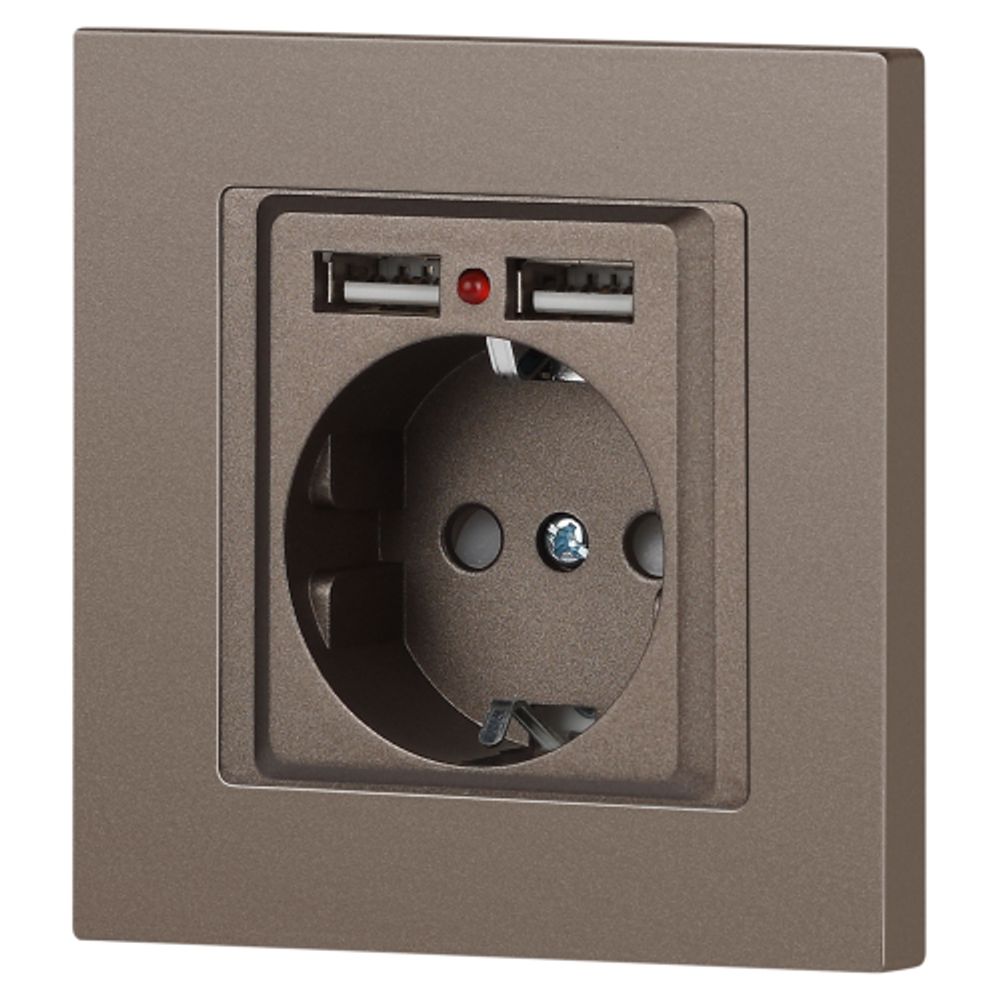 Розетка Intro Accent 6-410-08 , P+E Schuko со шторками, 16А-250В + 2хUSB, IP20, СУ, бронза
