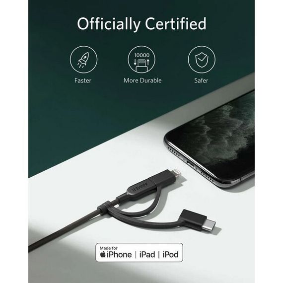 Кабель Anker PowerLine II 3 в 1 Micro USB, USB-C и Lightning 0.9 м (A8436H12) черный