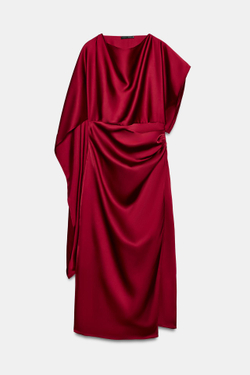 ZARA АТЛАСНОЕ ПЛАТЬЕ МИДИ С КЕЙПОМ, МЯГКИЙ КРАСНЫЙ
