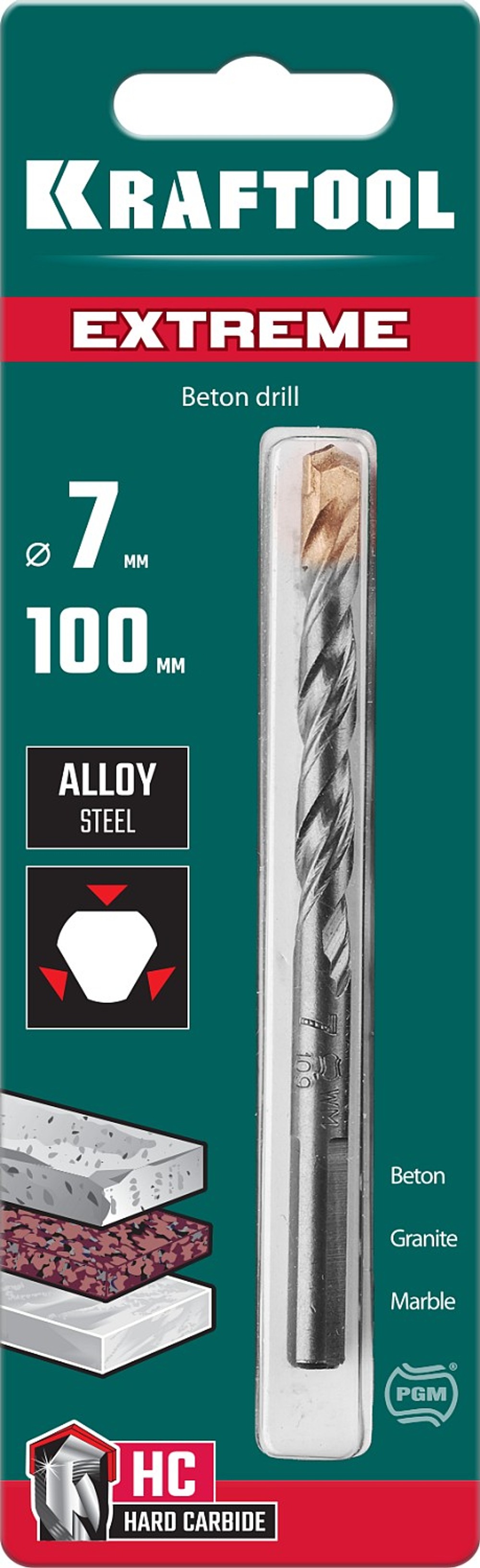 KRAFTOOL Extreme, 7 х 100 мм, трехгранный хвостовик, сверло по бетону (29166-100-07)