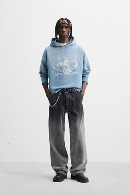ZARA УКОРОЧЕННАЯ ТОЛСТОВКА ИЗ ТКАНИ С ЭФФЕКТОМ ПОТЕРТОСТИ, СИНИЙ