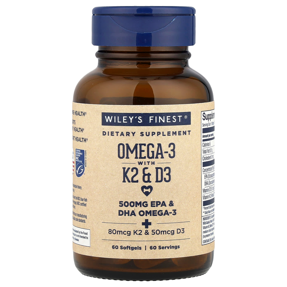 Wiley's Finest, омега-3 с витаминами K2 и D3, 60 капсул