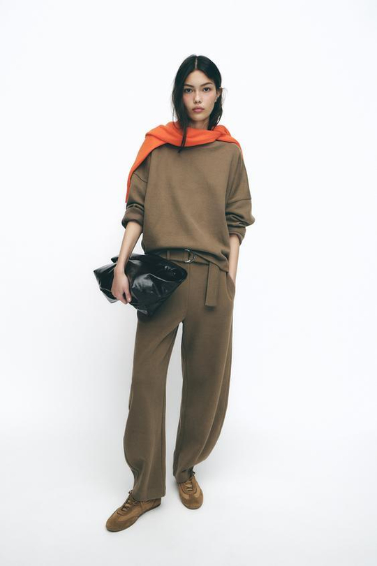ZARA БРЮКИ СВОБОДНОГО КРОЯ С ПОЯСОМ, РЫЖЕВАТО-КОРИЧНЕВЫЙ