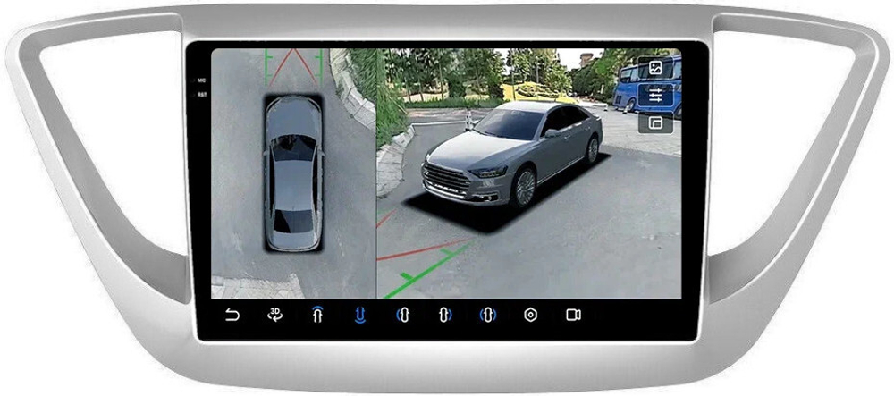 Магнитола для Hyundai Solaris 2 2017-2022, Solaris HS 2024+ (рамка серебро) - FarCar BX766M-360 монитор 9.5" 2K QLED на Android 13, 6Гб+128Гб, CarPlay, 4G SIM-слот, 4 камеры в комплекте