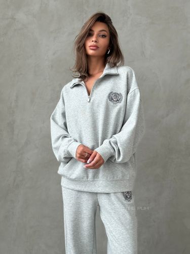 Серый меланжевый спортивный костюм с вышивкой-лого