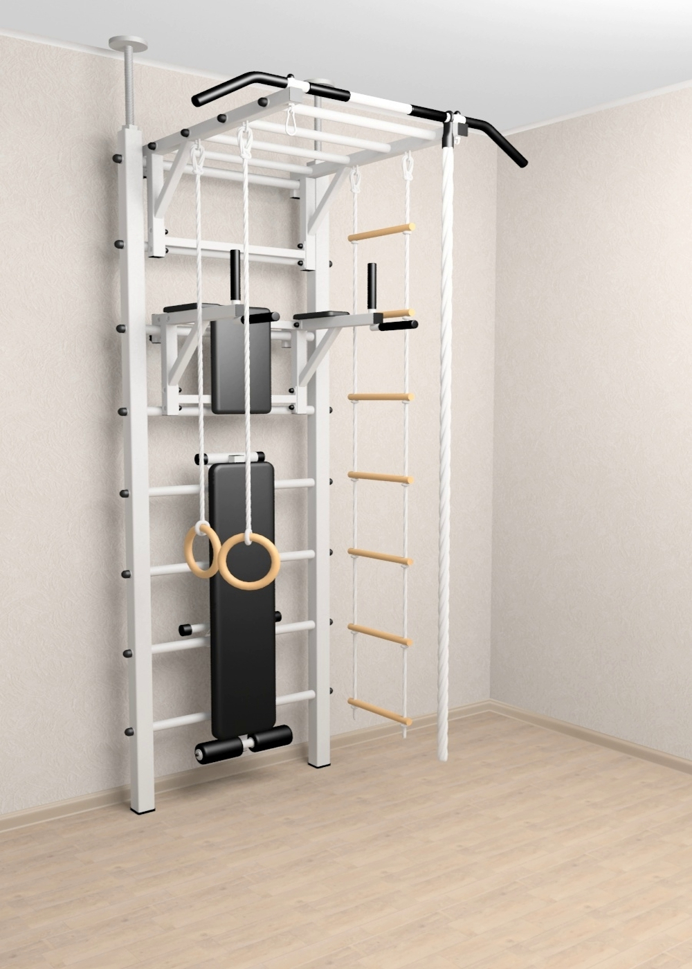 Шведская стенка Sv Sport враспор (Турник рукоход/Брусья/Скамья/Канат/Кольца/Лестница)